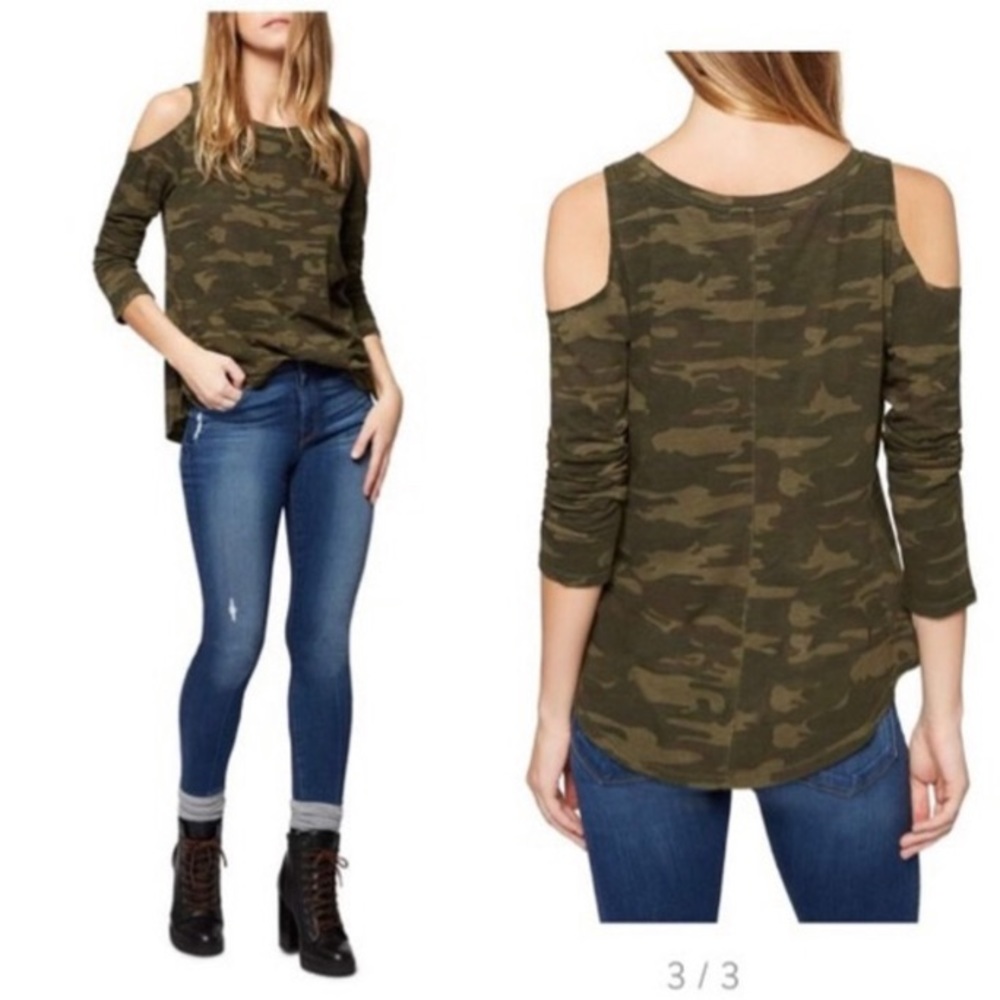 Sanctuary Camo Long Sleeve Cold Shoulder Top